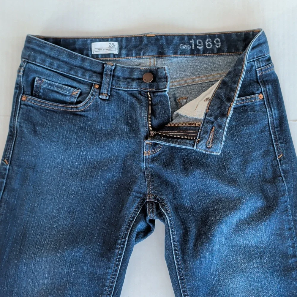 Gap 1969 Real Straight Leg Denim Jeans 28R Dark Wash Blue Pockets - Picture 13 of 16